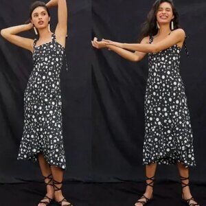 Anthopologie Hutch Flounced Shoulder-Tie Midi Dress Black & White XL